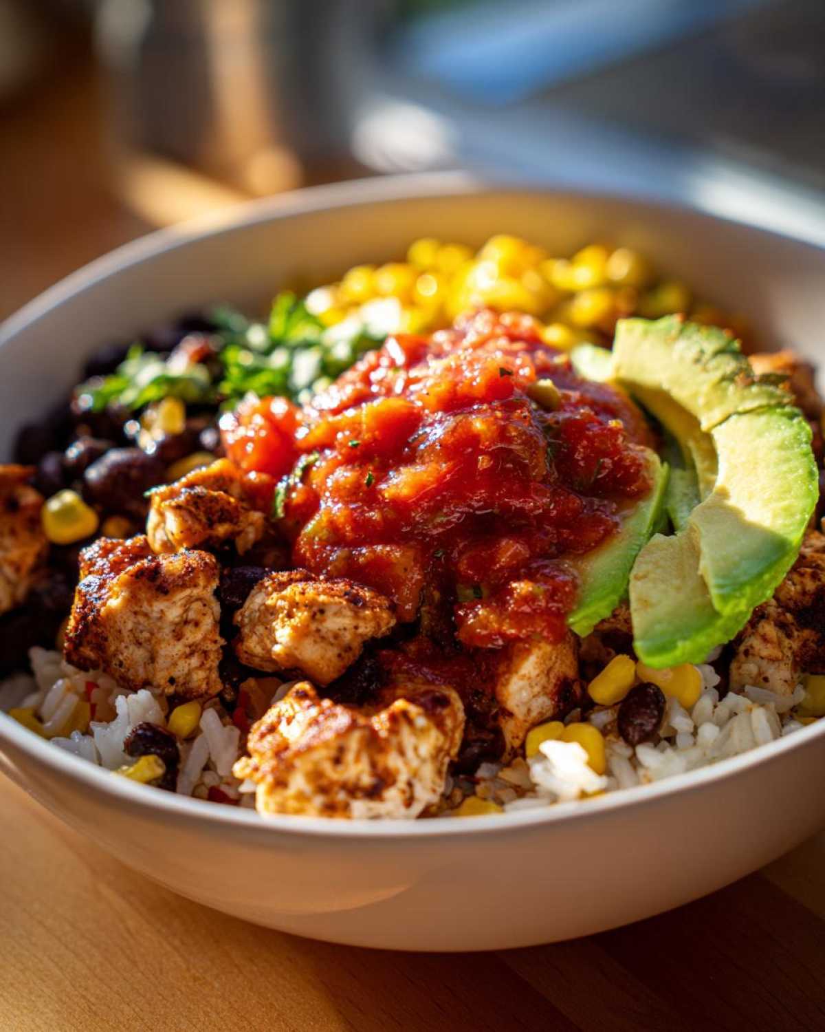 Close-up of a vibrant chicken burrito bowl featuring seasoned chicken, rice, black beans, corn, salsa, and avocado slices.