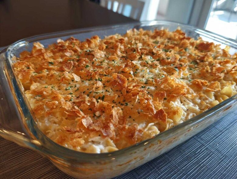 A freshly baked chicken noodle casserole in a clear glass dish, topped with golden cornflakes and parsley.