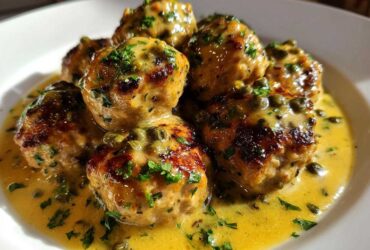 Close-up of several browned chicken piccata meatballs swimming in a bright lemon-butter sauce with capers and parsley.