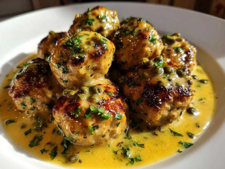 Close-up of several browned chicken piccata meatballs swimming in a bright lemon-butter sauce with capers and parsley.