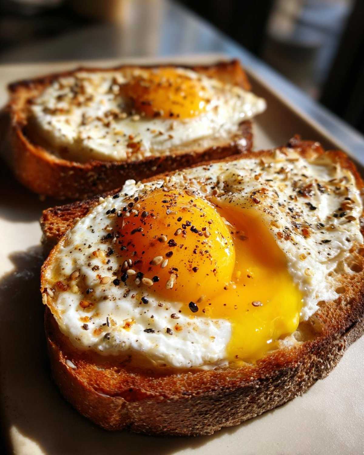 Close-up of two pieces of egg toast topped with sunny-side-up eggs and everything bagel seasoning.