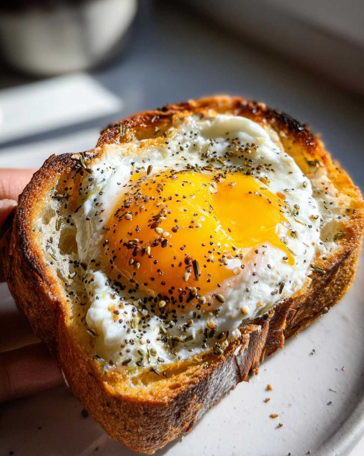 Close-up of a perfectly cooked egg toast, featuring a sunny-side-up egg seasoned heavily with pepper and herbs on thick, toasted bread.