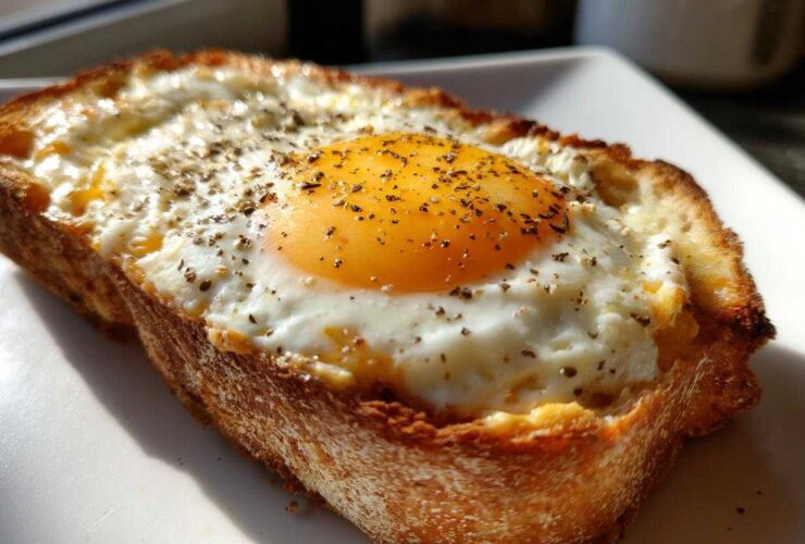 Close-up of a thick slice of golden brown egg toast topped with a sunny-side-up egg and cracked black pepper.