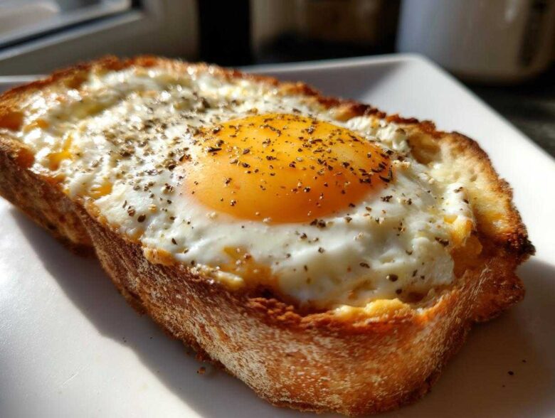 Close-up of a thick slice of golden brown egg toast topped with a sunny-side-up egg and cracked black pepper.