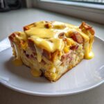 A thick slice of eggs benedict casserole topped generously with dripping hollandaise sauce on a white plate.