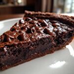 Close-up of a rich, dark slice of fudge pie topped with melted chocolate chips on a white plate.