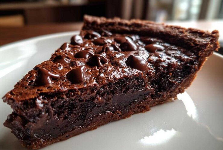 Close-up of a rich, dark slice of fudge pie topped with melted chocolate chips on a white plate.