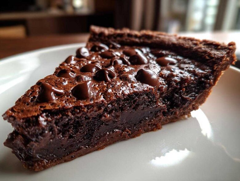 Close-up of a rich, dark slice of fudge pie topped with melted chocolate chips on a white plate.