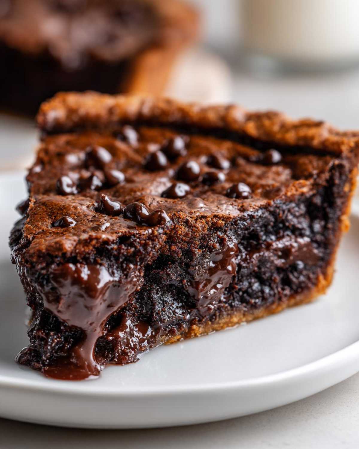 Close-up of a slice of rich, dark fudge pie with melted chocolate oozing out, topped with chocolate chips.
