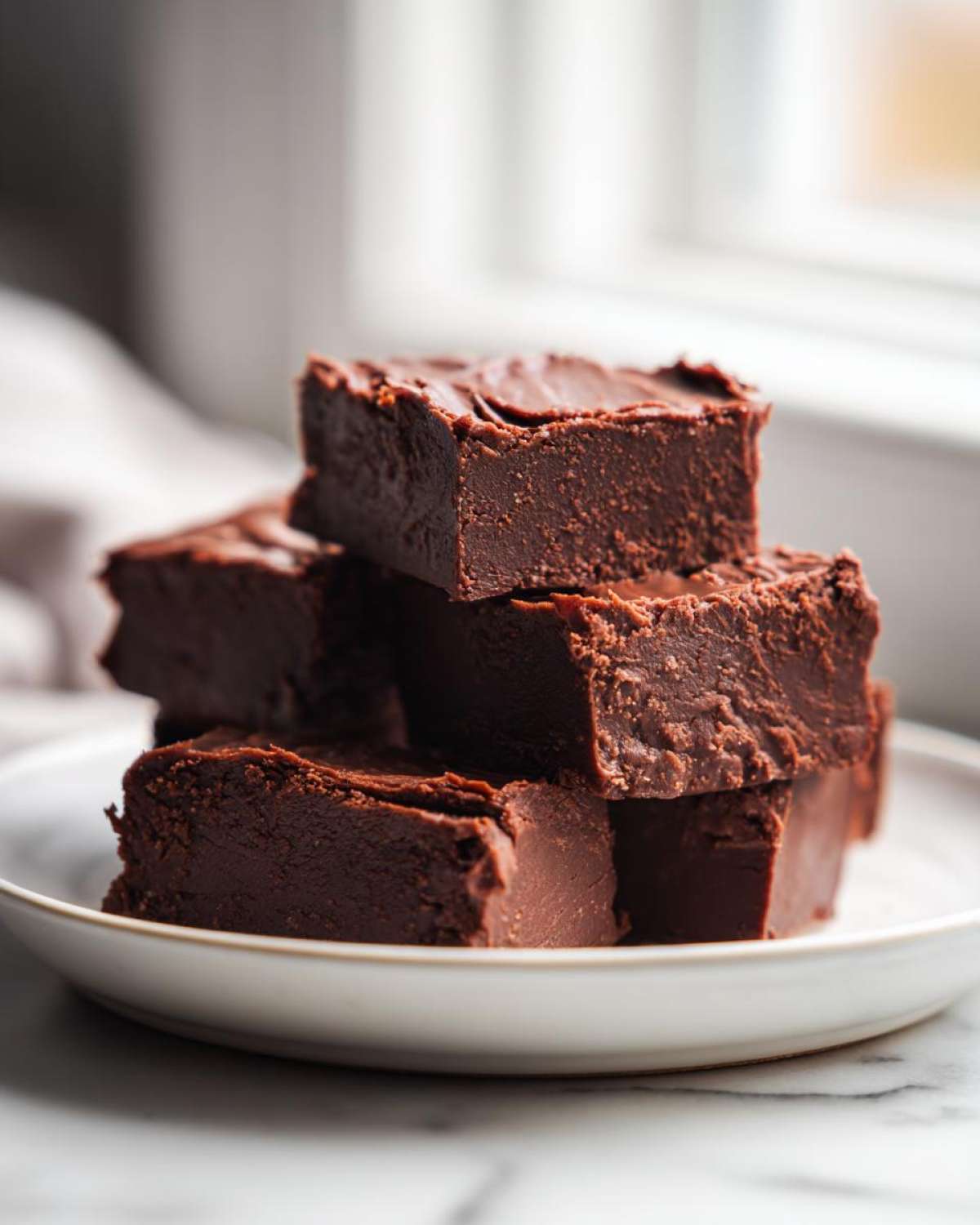 A stack of rich, dark chocolate fudge squares resting on a white plate, showcasing the creamy texture of the fudge.