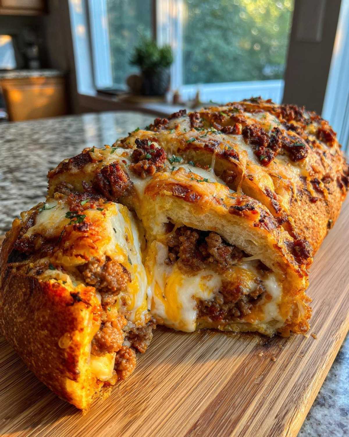 Close-up of amazing garbage bread sliced open, revealing a gooey, seasoned meat filling.