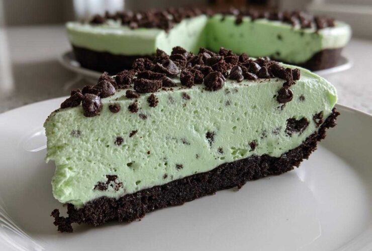 A close-up slice of creamy, mint-green grasshopper pie with a dark chocolate crust and chocolate chip topping.