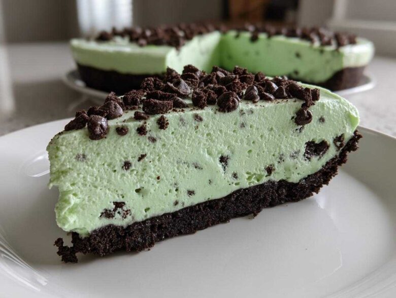 A close-up slice of creamy, mint-green grasshopper pie with a dark chocolate crust and chocolate chip topping.