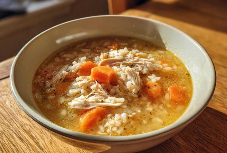 A close-up of a bowl of comforting turkey soup filled with shredded turkey, rice, and bright orange carrots.