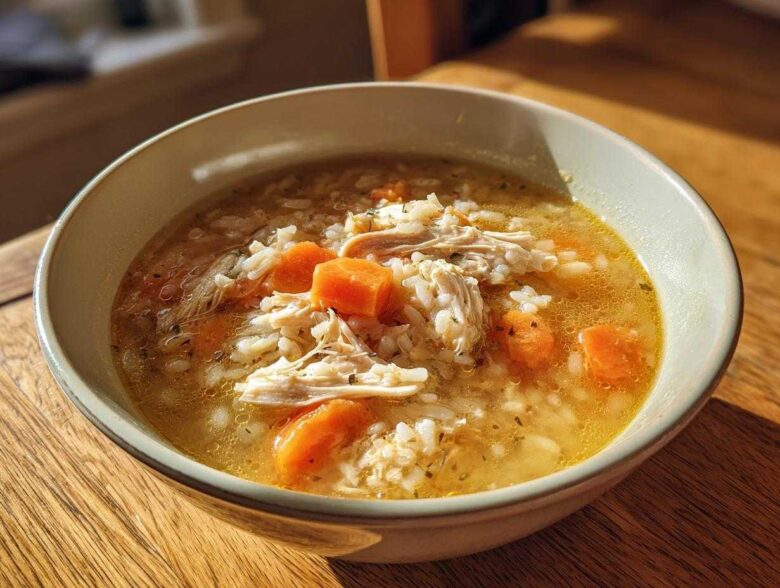 A close-up of a bowl of comforting turkey soup filled with shredded turkey, rice, and bright orange carrots.