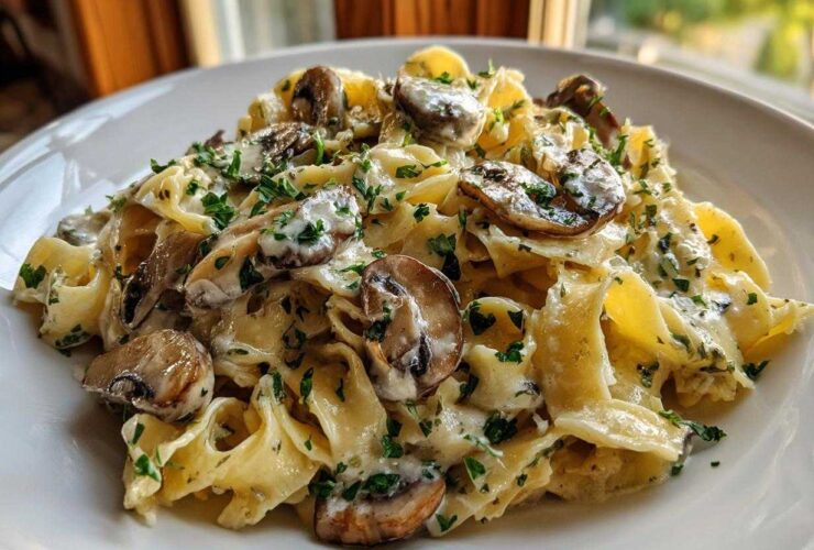 Close-up of creamy mushroom pasta featuring wide noodles, sliced mushrooms, and chopped parsley.