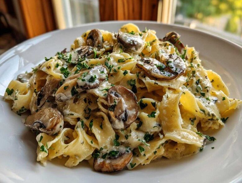 Close-up of creamy mushroom pasta featuring wide noodles, sliced mushrooms, and chopped parsley.