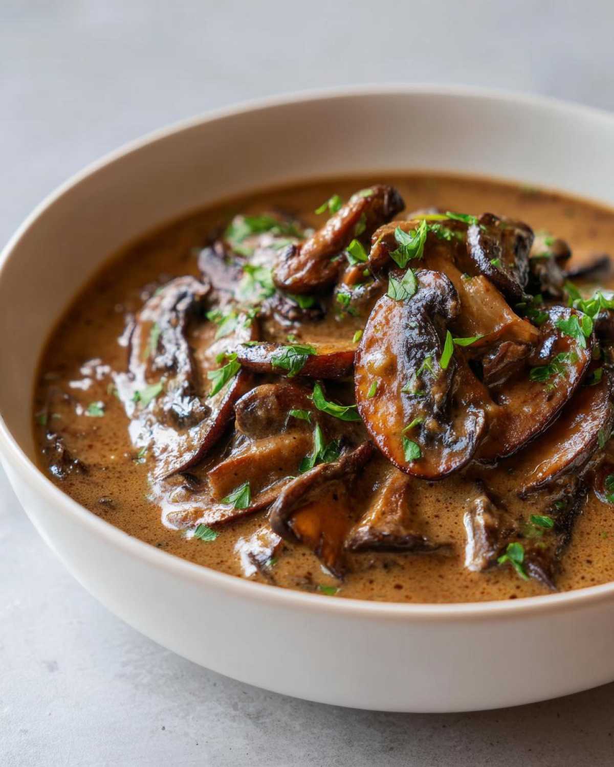 Close-up of rich, brown mushroom sauce filled with sautéed mushrooms and topped with fresh parsley.