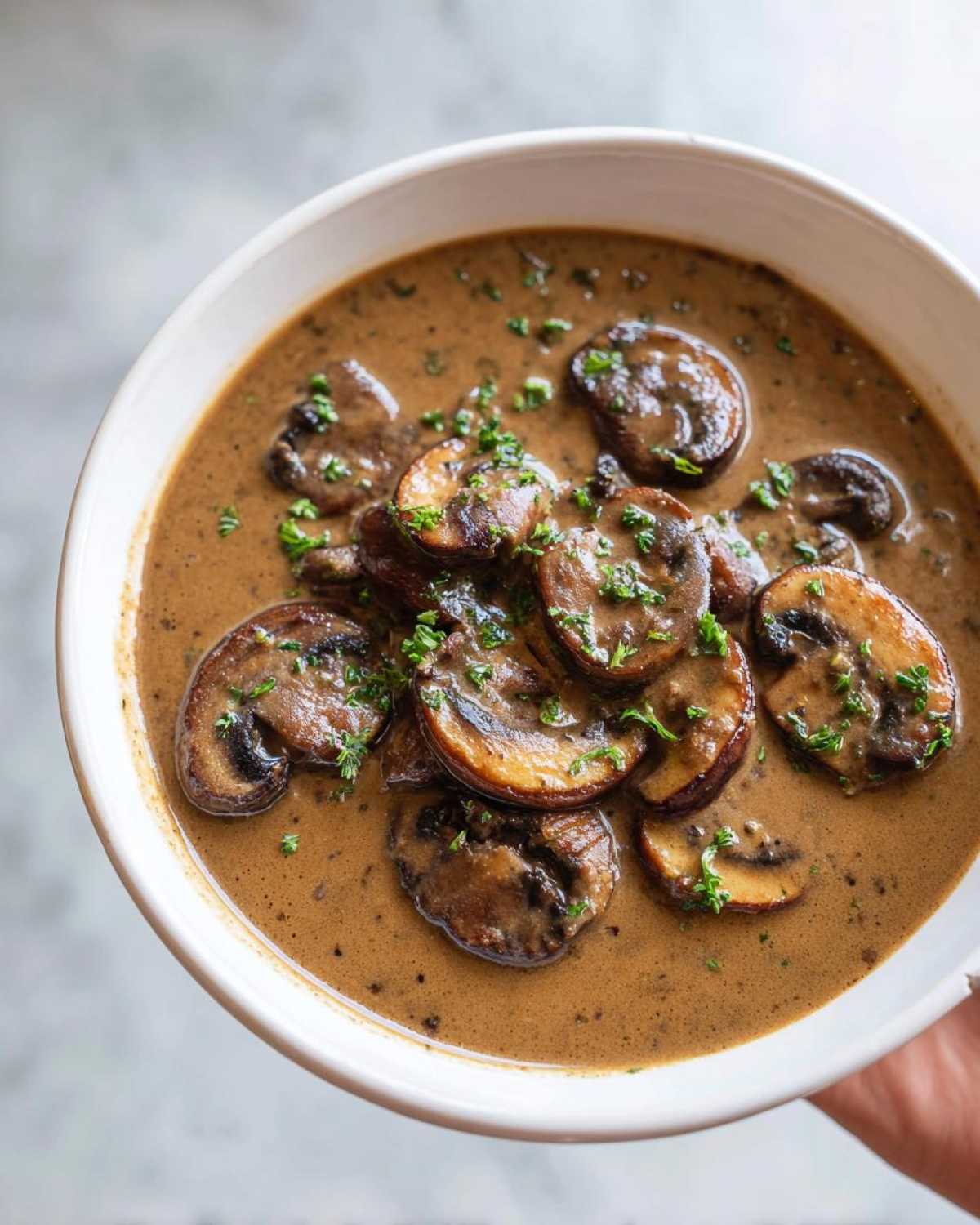 Overhead close-up of a white bowl filled with rich, brown mushroom sauce featuring sliced, sautéed mushrooms and fresh parsley.
