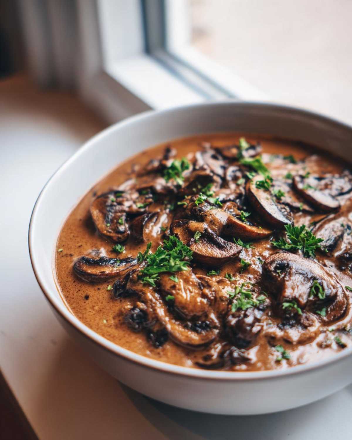 A close-up of a bowl filled with rich, creamy mushroom sauce topped with sliced mushrooms and fresh parsley.