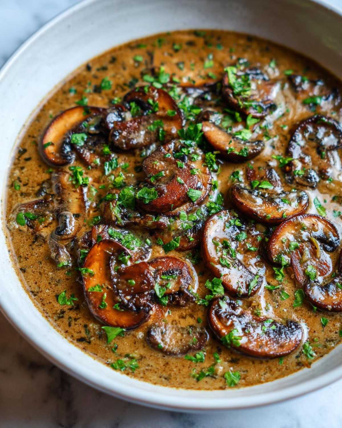 Close-up of a bowl filled with rich, creamy mushroom sauce featuring browned mushroom slices and fresh parsley.