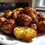 A pile of golden brown, crispy oven roasted potatoes seasoned with herbs on a white plate.