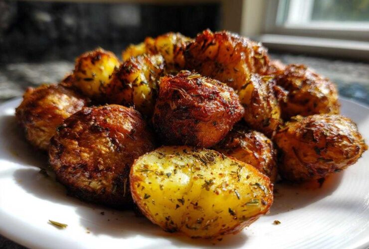 A pile of golden brown, crispy oven roasted potatoes seasoned with herbs on a white plate.