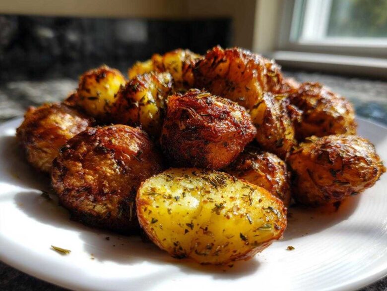 A pile of golden brown, crispy oven roasted potatoes seasoned with herbs on a white plate.