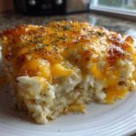 A close-up of a serving of cheesy rice casserole topped with melted cheddar and dried herbs.