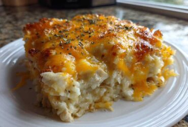 A close-up of a serving of cheesy rice casserole topped with melted cheddar and dried herbs.