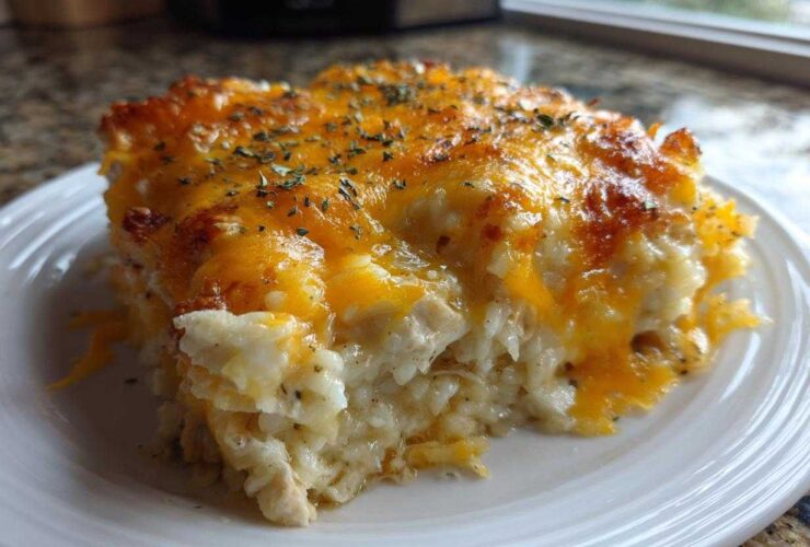 A close-up of a serving of cheesy rice casserole topped with melted cheddar and dried herbs.