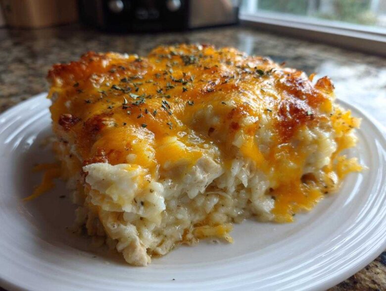 A close-up of a serving of cheesy rice casserole topped with melted cheddar and dried herbs.