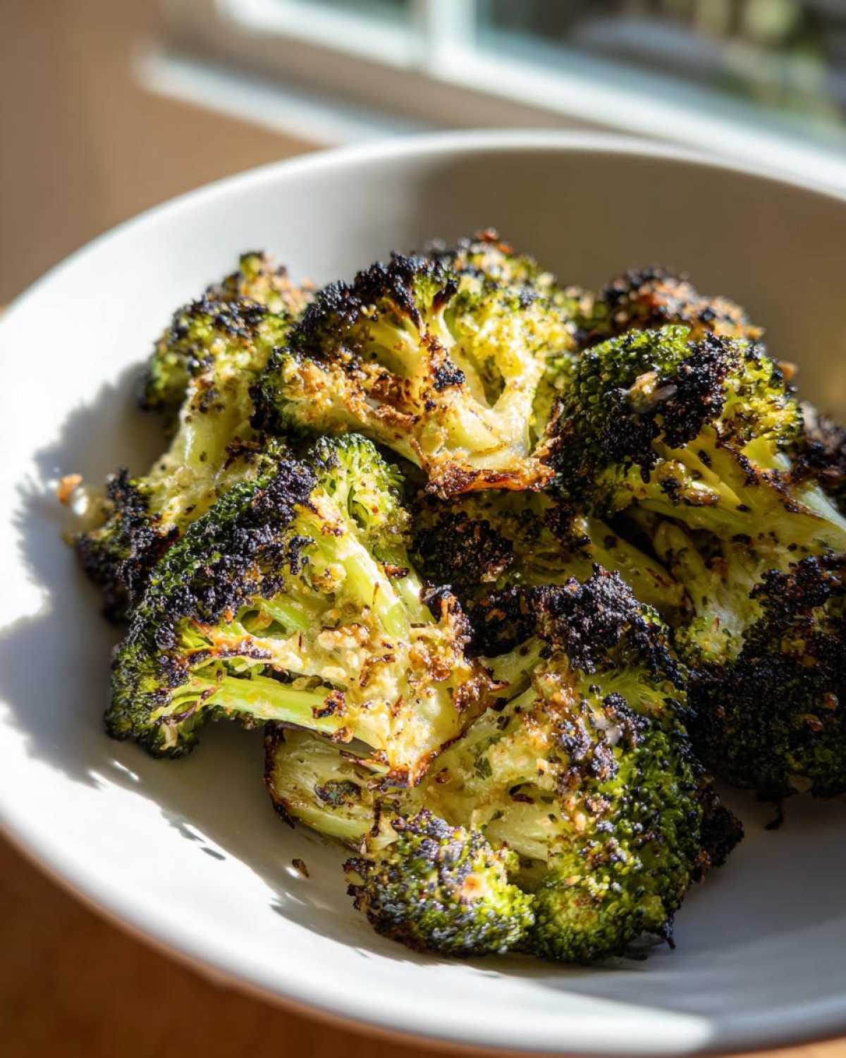 Close-up of crispy, charred roasted broccoli florets served in a white bowl, beautifully lit by sunlight.