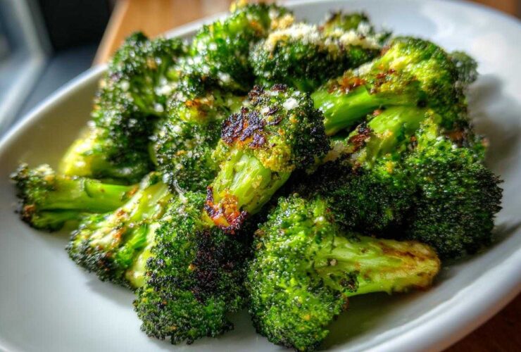 Close-up of vibrant green roasted broccoli florets sprinkled with Parmesan cheese.