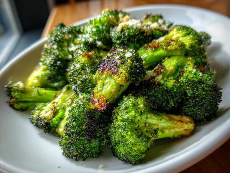 Close-up of vibrant green roasted broccoli florets sprinkled with Parmesan cheese.