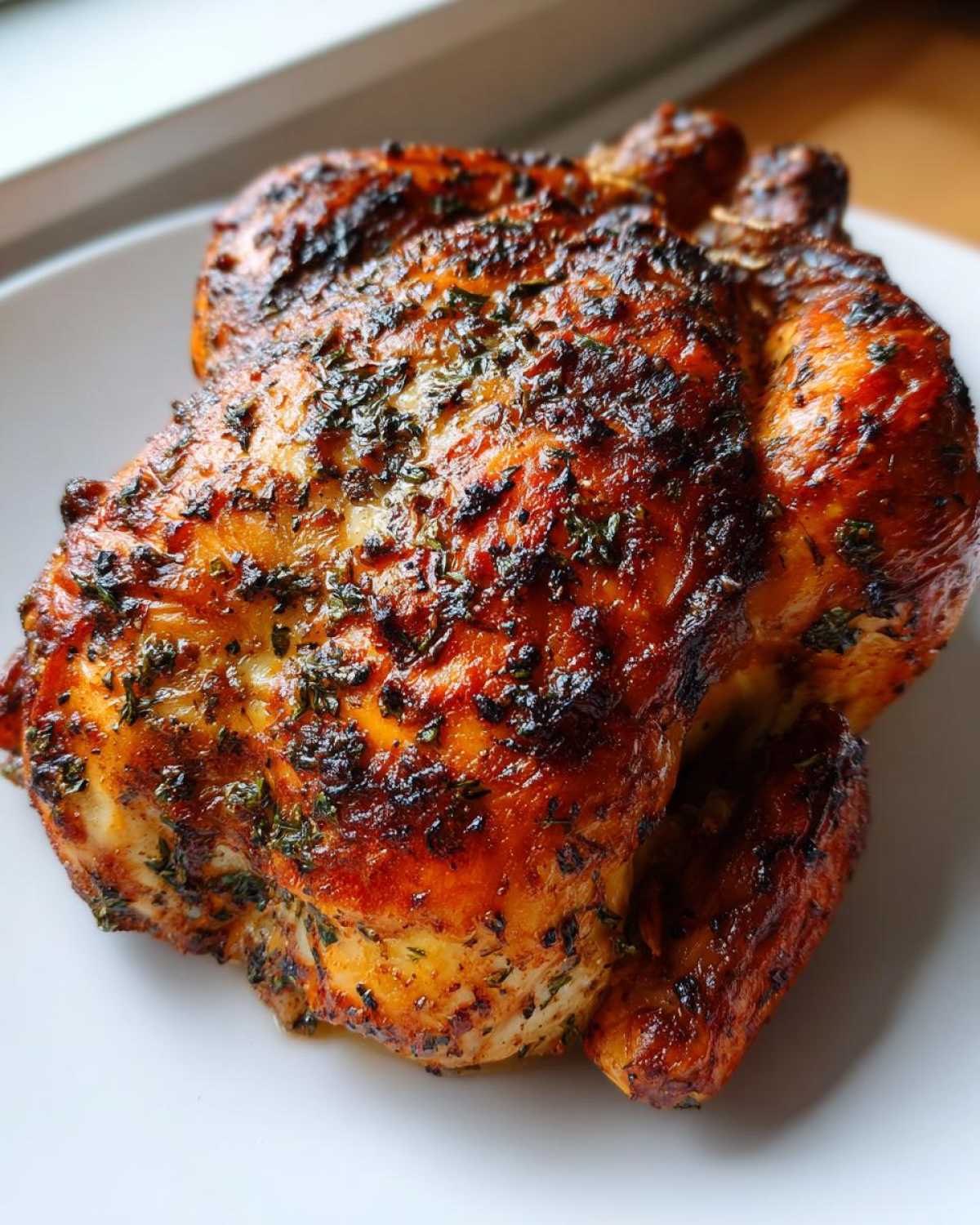A whole roasted chicken with deeply browned, crispy, herb-rubbed skin resting on a white plate.