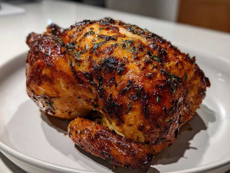 A perfectly cooked, whole roasted chicken with glossy, dark brown, crispy skin seasoned with herbs.