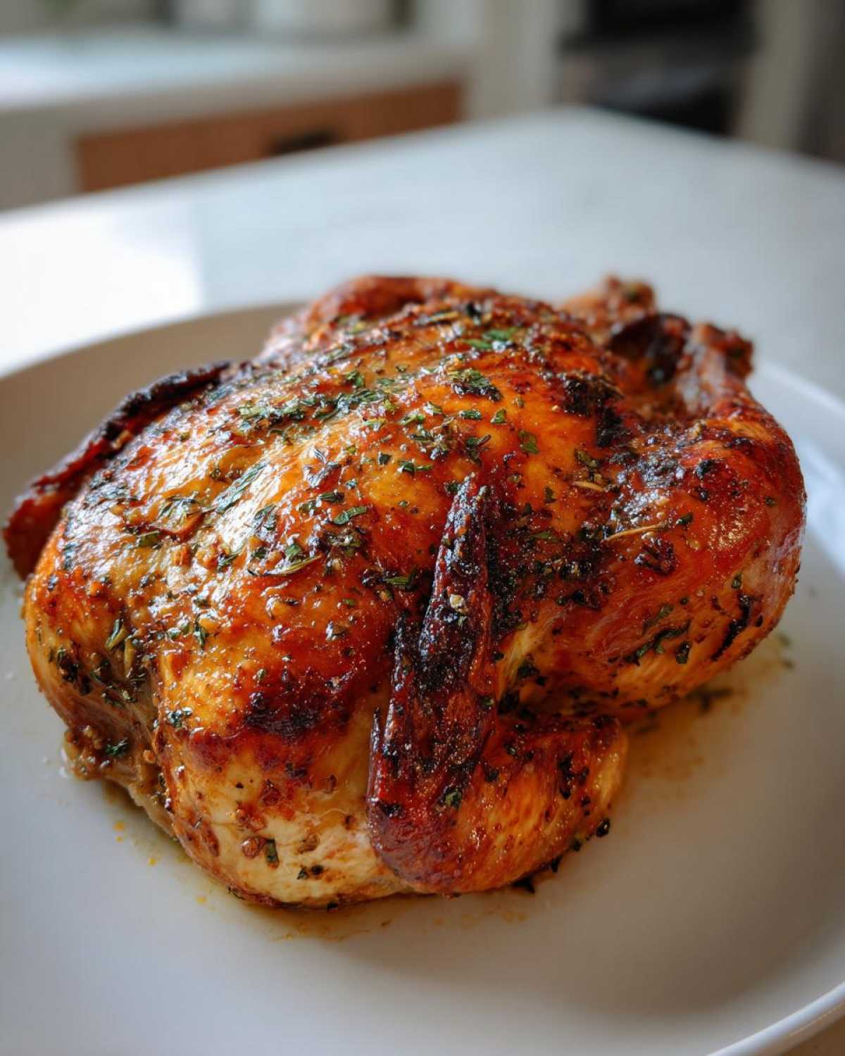 A whole, beautifully browned roasted chicken, glistening with glaze and sprinkled with herbs, resting on a white plate.