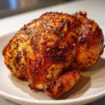 Close-up of a perfectly cooked, whole roasted chicken with glossy, herb-crusted skin.