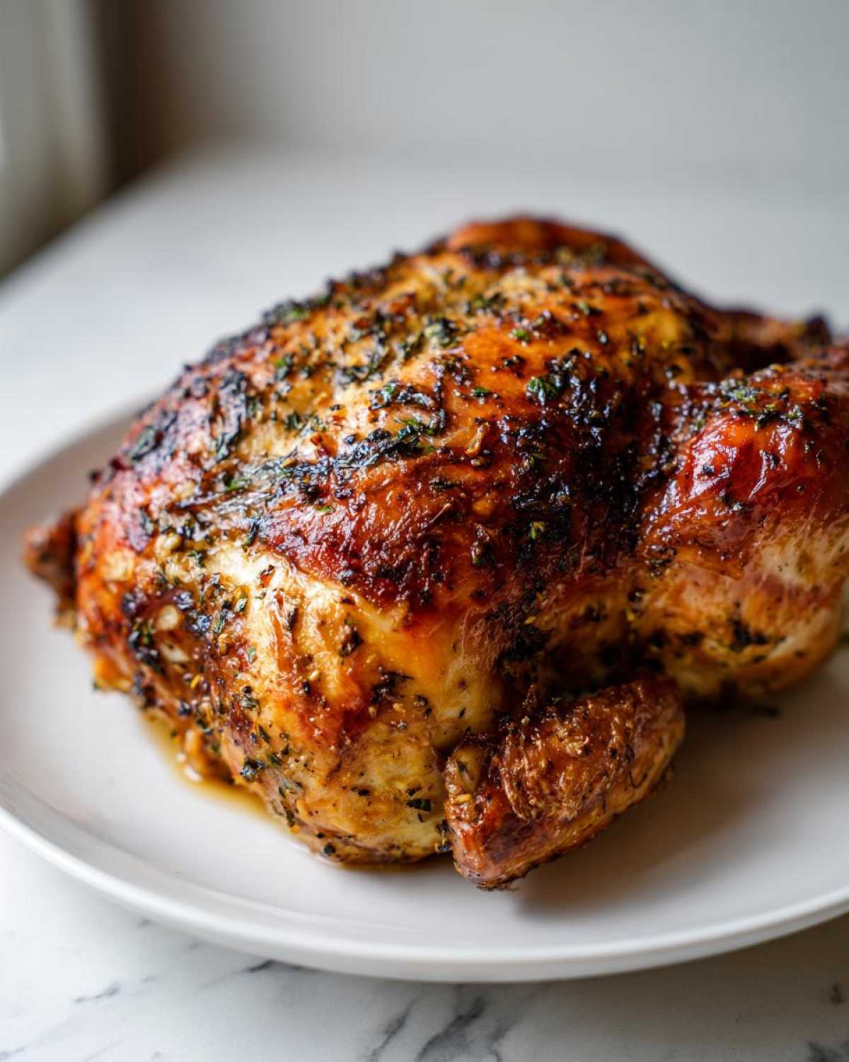 A whole, juicy roasted chicken with deeply browned, herb-crusted skin resting on a white plate.