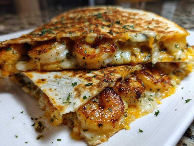 Close-up of a perfectly grilled shrimp quesadilla, cut in half, showing seasoned shrimp and gooey melted cheese.