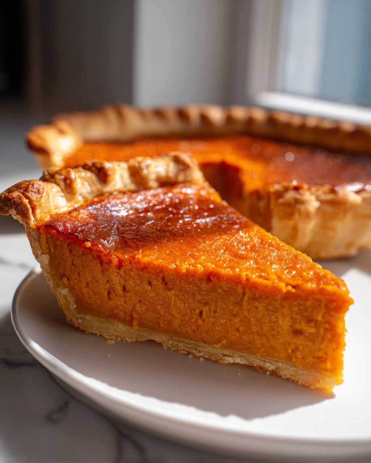 A thick slice of bright orange sweet potato pie with a flaky crust, sitting on a white plate.