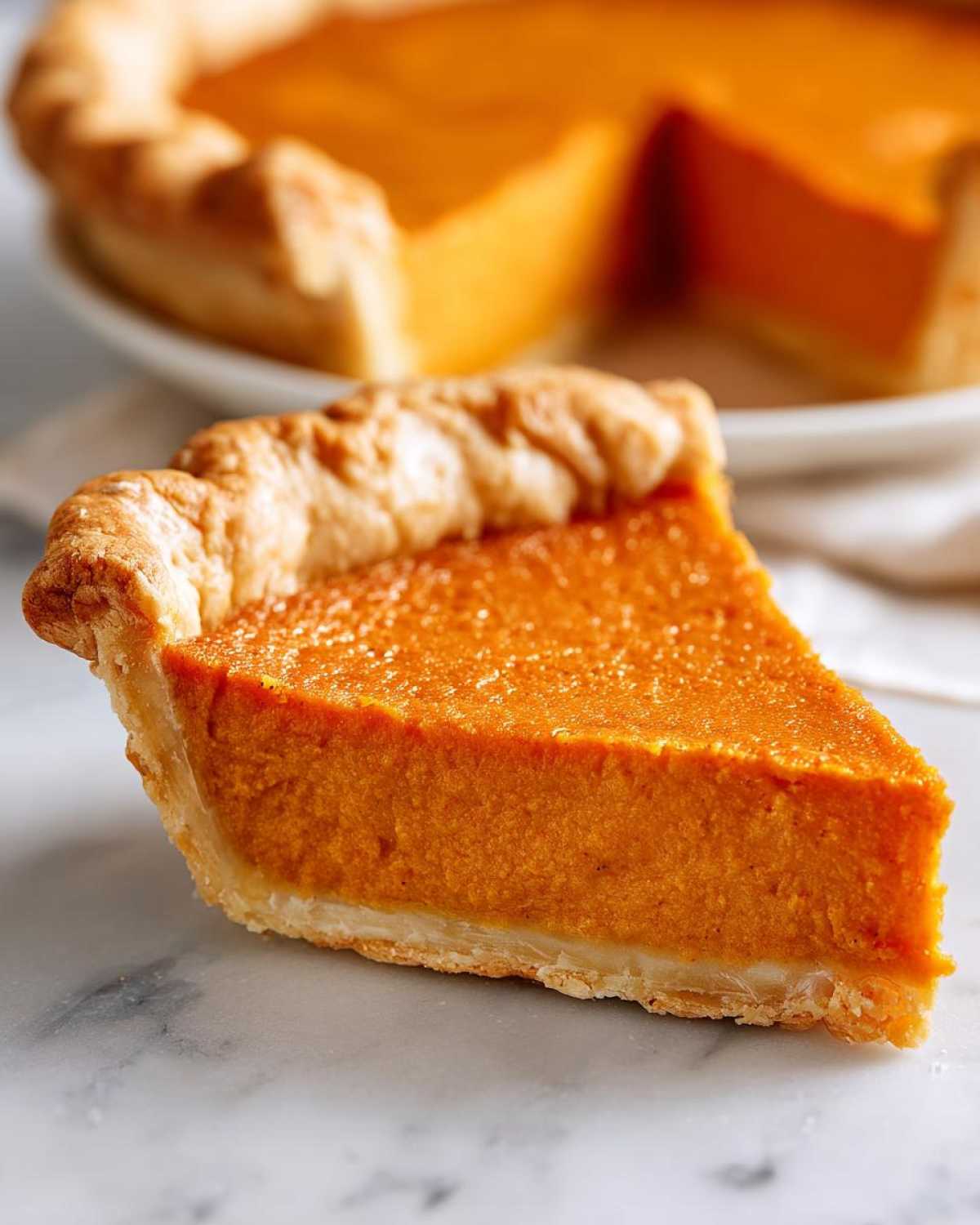 Close-up of a thick slice of vibrant orange sweet potato pie with a flaky crust resting on marble.