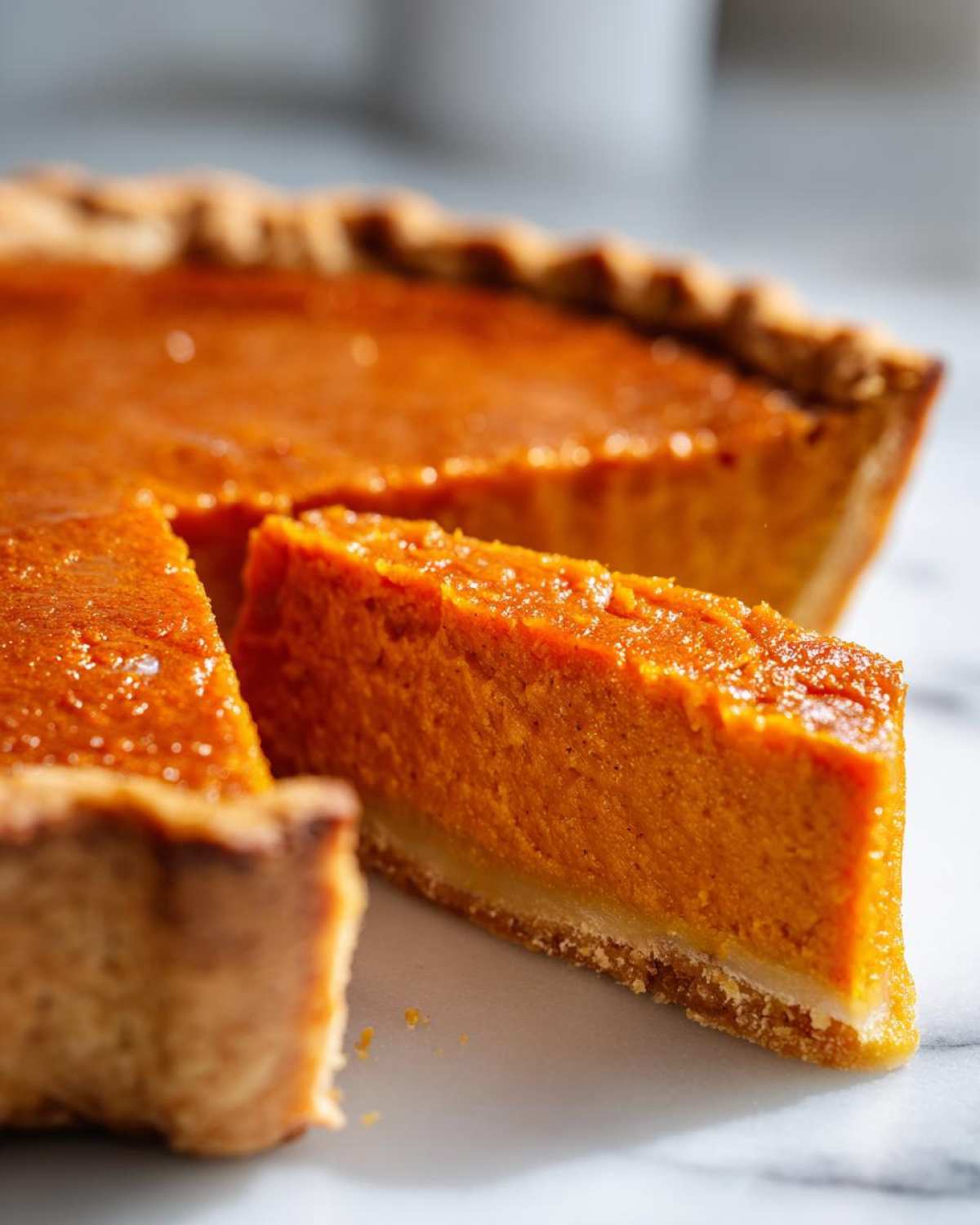 Close-up of a rich, orange slice cut from an amazing sweet potato pie resting on a white marble surface.
