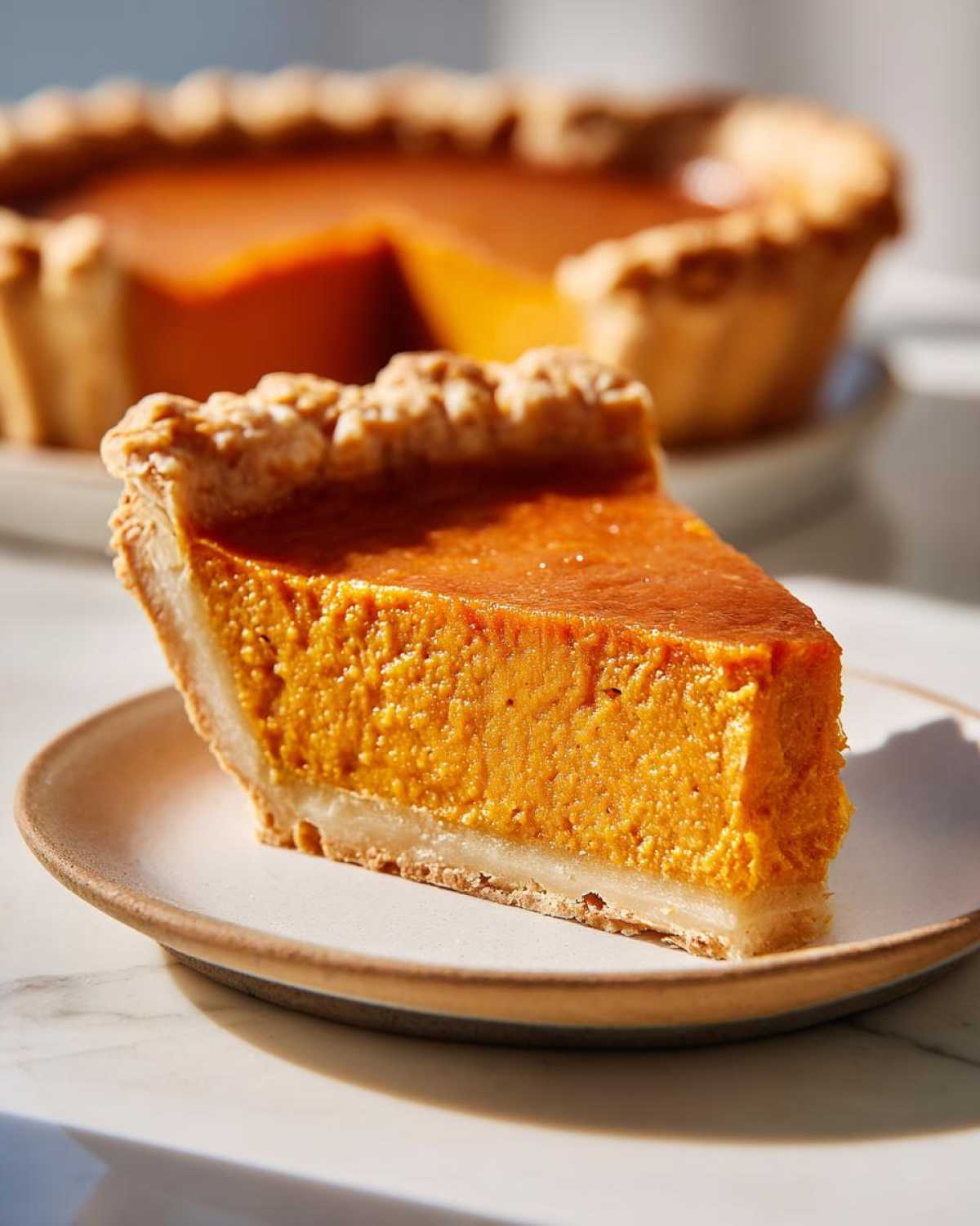A close-up of a thick slice of bright orange sweet potato pie with a flaky crust, sitting on a small plate.