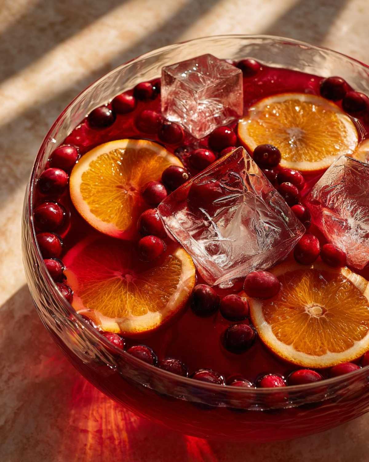 Close-up view of a vibrant red thanksgiving punch garnished with orange slices, fresh cranberries, and large ice cubes.