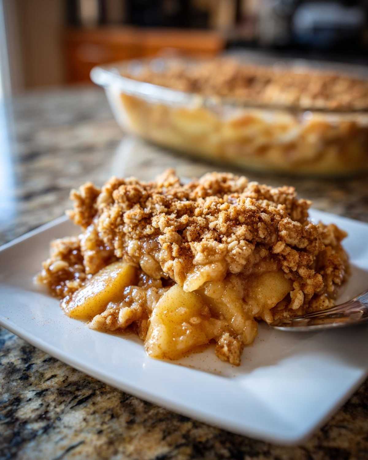 Close-up of a warm serving of apple crisp recipe with gooey apples and crunchy topping on a white plate.