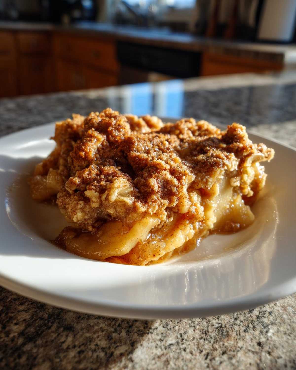 A close-up of a warm serving of apple crisp recipe with a thick, crumbly topping on a white plate.