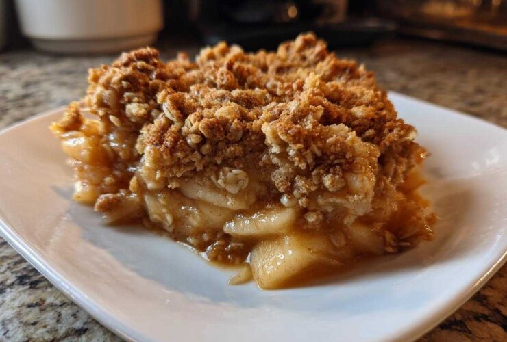 Close-up of a warm, gooey slice of apple crisp recipe showing tender apples and a thick, oat-based crumble topping.