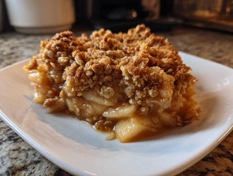 Close-up of a warm, gooey slice of apple crisp recipe showing tender apples and a thick, oat-based crumble topping.